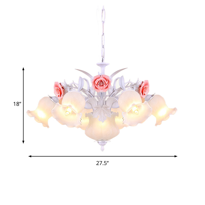 Pink 8 Bulbs Hanging Chandelier Romantic Pastoral White Glass Rose Suspension Pendant Clearhalo 'Ceiling Lights' 'Chandeliers' 'Close To Ceiling Lights' 'Glass shade' 'Glass' Lighting' 922658