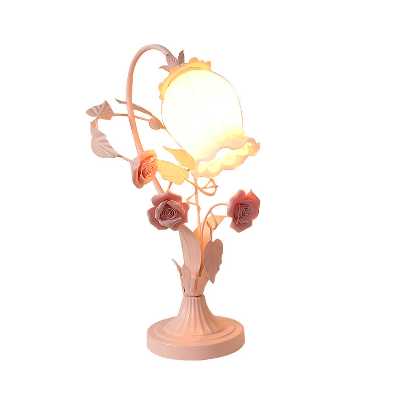 Scalloped Opal Glass Table Light Romantic Pastoral 1 Head Bedroom Night Lamp with Rose in Pink/Blue/White Clearhalo 'Lamps' 'Table Lamps' Lighting' 922682