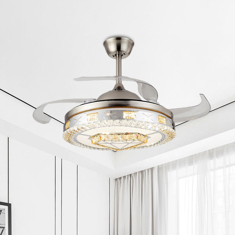 Silver 4 Blades Pendant Fan Lamp Minimalist Crystal Heart/Diamond Semi Mount Lighting, 19.5" Width Clearhalo 'Ceiling Fans with Lights' 'Ceiling Fans' Lighting' 923793