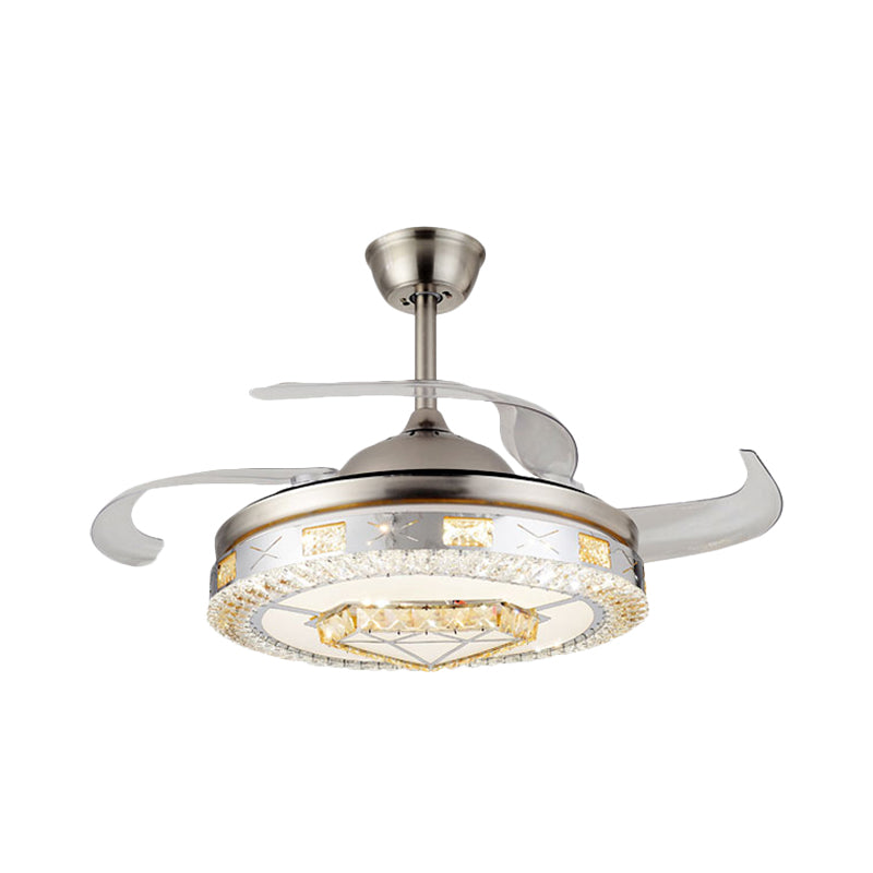 Silver 4 Blades Pendant Fan Lamp Minimalist Crystal Heart/Diamond Semi Mount Lighting, 19.5" Width Clearhalo 'Ceiling Fans with Lights' 'Ceiling Fans' Lighting' 923795