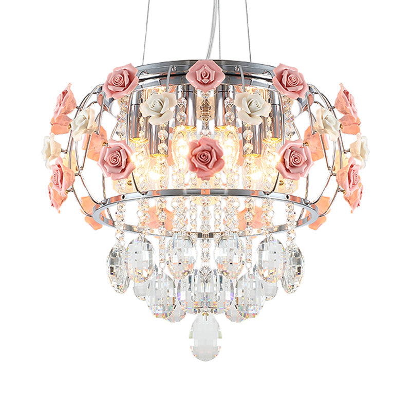 Chrome Drum Cage Pendant Chandelier Modern Metal 6 Bulbs Dining Table Suspension Lamp with Pink Rose and Crystal Drape Clearhalo 'Ceiling Lights' 'Chandeliers' 'Modern Chandeliers' 'Modern' Lighting' 923889