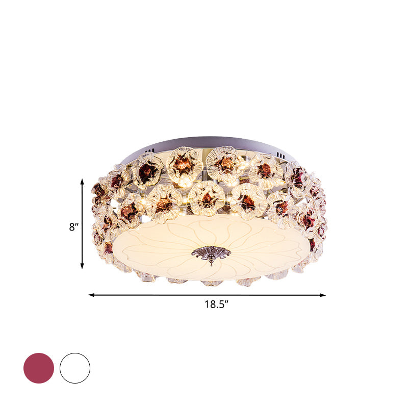 Crystal Purple/White LED Flush Light Floweret-Embellished Drum Modern Close to Ceiling Lamp Clearhalo 'Ceiling Lights' 'Close To Ceiling Lights' 'Close to ceiling' 'Flush mount' Lighting' 923918