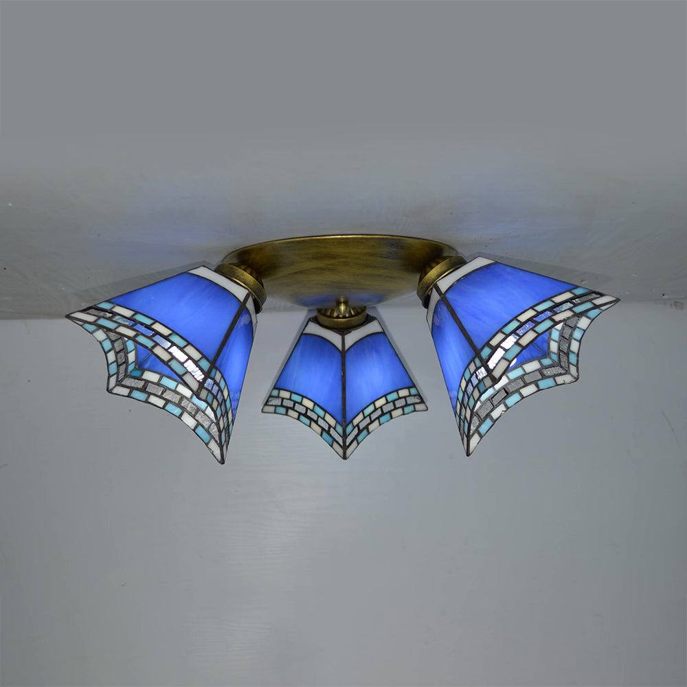 3 Heads Geometric Flushmount Light Vintage Stained Glass Flush Mount Ceiling Light in Yellow/Sky Blue/Pink/Green/Dark Blue for Bedroom Dark Blue Clearhalo 'Ceiling Lights' 'Close To Ceiling Lights' 'Close to ceiling' 'Glass shade' 'Glass' 'Semi-flushmount' 'Tiffany close to ceiling' 'Tiffany' Lighting' 92574
