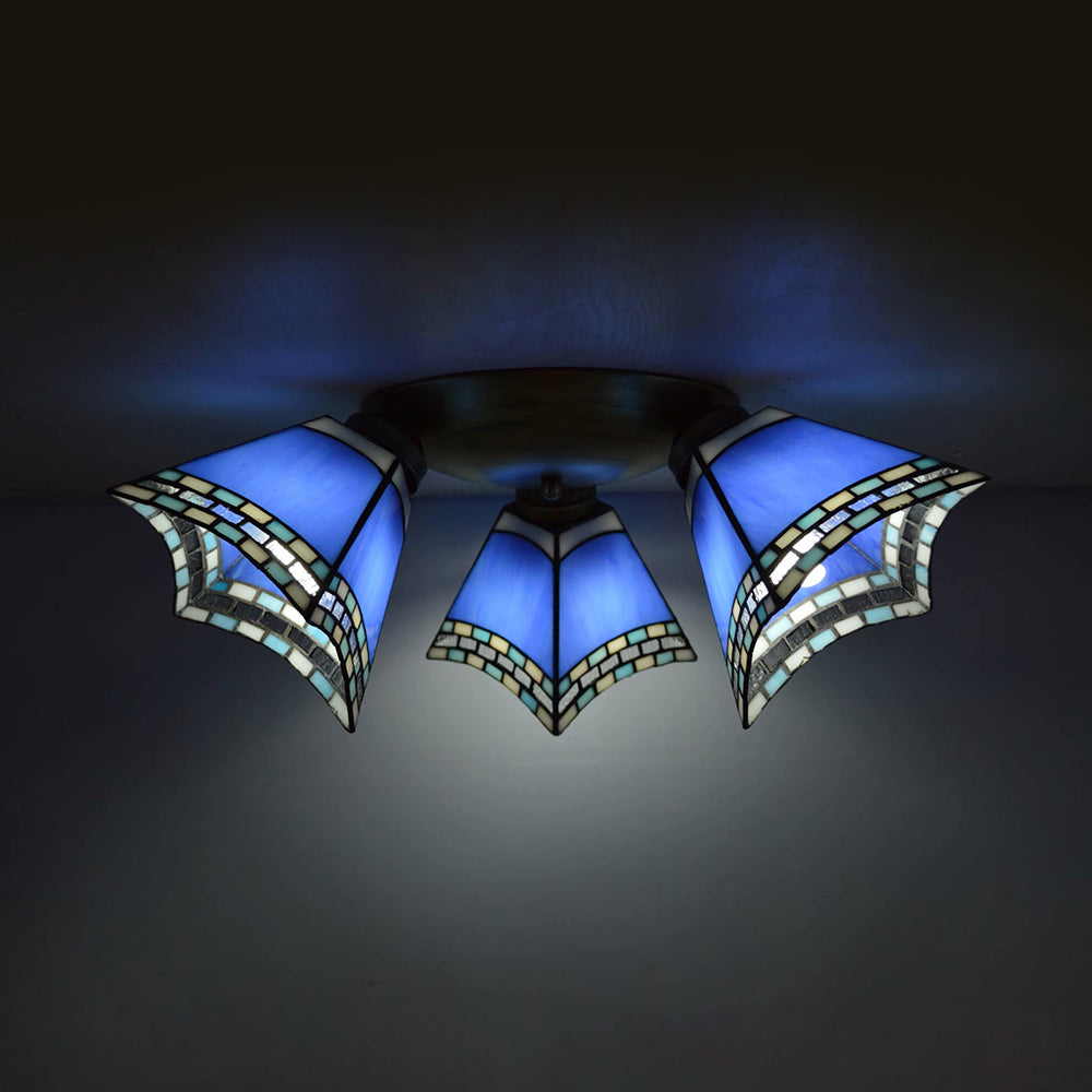 3 Heads Geometric Flushmount Light Vintage Stained Glass Flush Mount Ceiling Light in Yellow/Sky Blue/Pink/Green/Dark Blue for Bedroom Clearhalo 'Ceiling Lights' 'Close To Ceiling Lights' 'Close to ceiling' 'Glass shade' 'Glass' 'Semi-flushmount' 'Tiffany close to ceiling' 'Tiffany' Lighting' 92575