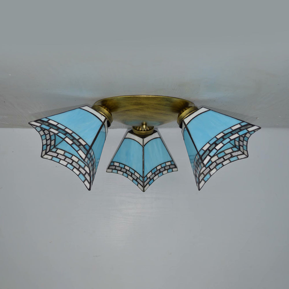 3 Heads Geometric Flushmount Light Vintage Stained Glass Flush Mount Ceiling Light in Yellow/Sky Blue/Pink/Green/Dark Blue for Bedroom Sky Blue Clearhalo 'Ceiling Lights' 'Close To Ceiling Lights' 'Close to ceiling' 'Glass shade' 'Glass' 'Semi-flushmount' 'Tiffany close to ceiling' 'Tiffany' Lighting' 92580
