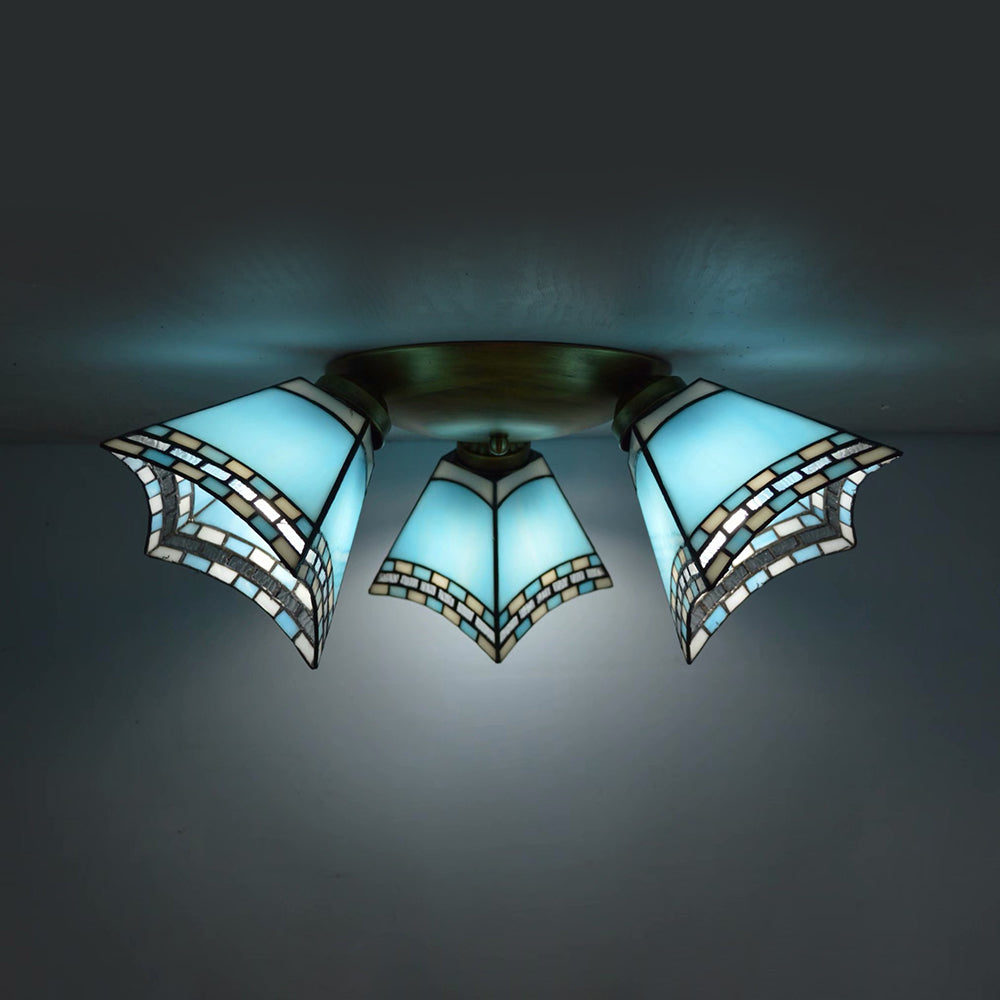 3 Heads Geometric Flushmount Light Vintage Stained Glass Flush Mount Ceiling Light in Yellow/Sky Blue/Pink/Green/Dark Blue for Bedroom Clearhalo 'Ceiling Lights' 'Close To Ceiling Lights' 'Close to ceiling' 'Glass shade' 'Glass' 'Semi-flushmount' 'Tiffany close to ceiling' 'Tiffany' Lighting' 92581