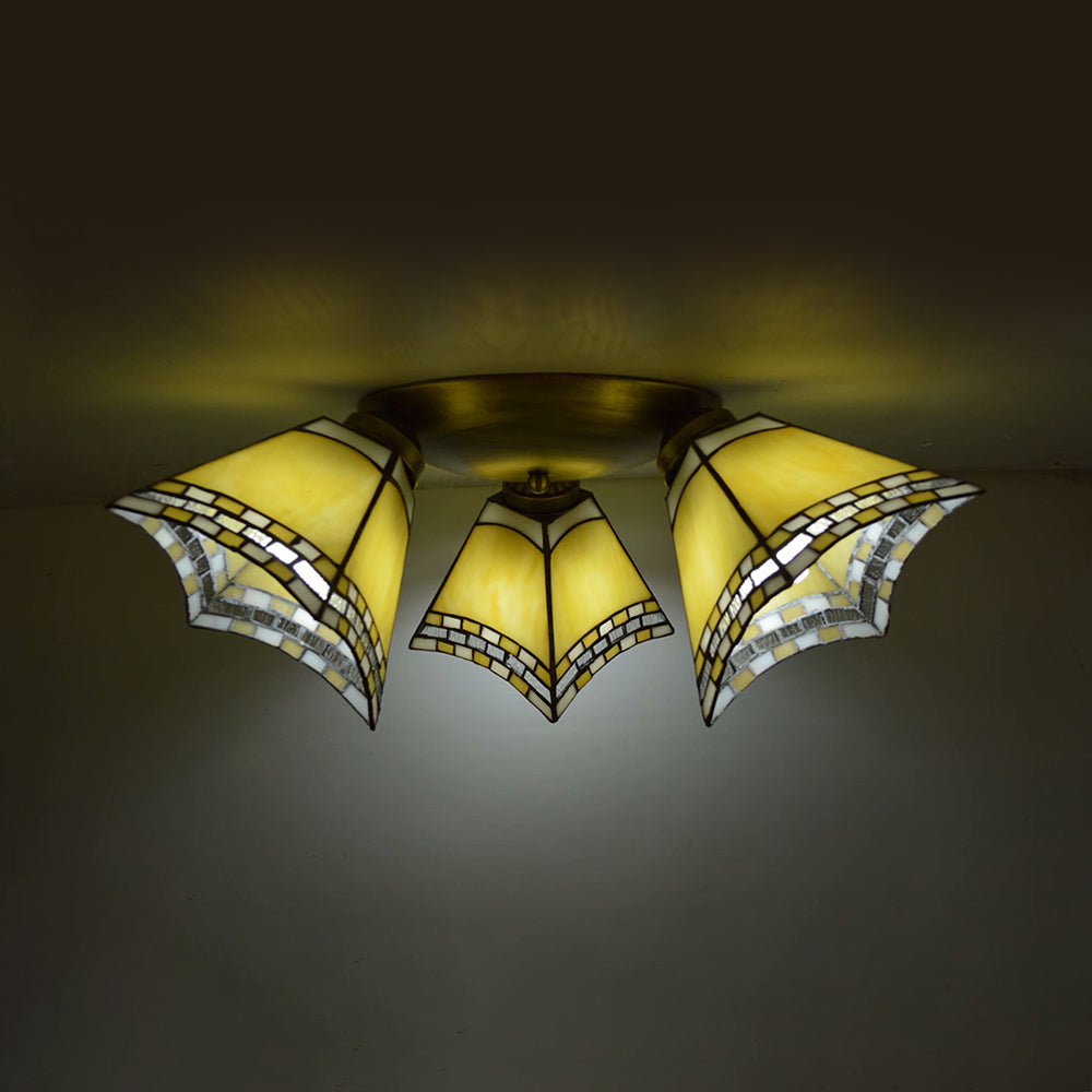 3 Heads Geometric Flushmount Light Vintage Stained Glass Flush Mount Ceiling Light in Yellow/Sky Blue/Pink/Green/Dark Blue for Bedroom Clearhalo 'Ceiling Lights' 'Close To Ceiling Lights' 'Close to ceiling' 'Glass shade' 'Glass' 'Semi-flushmount' 'Tiffany close to ceiling' 'Tiffany' Lighting' 92583