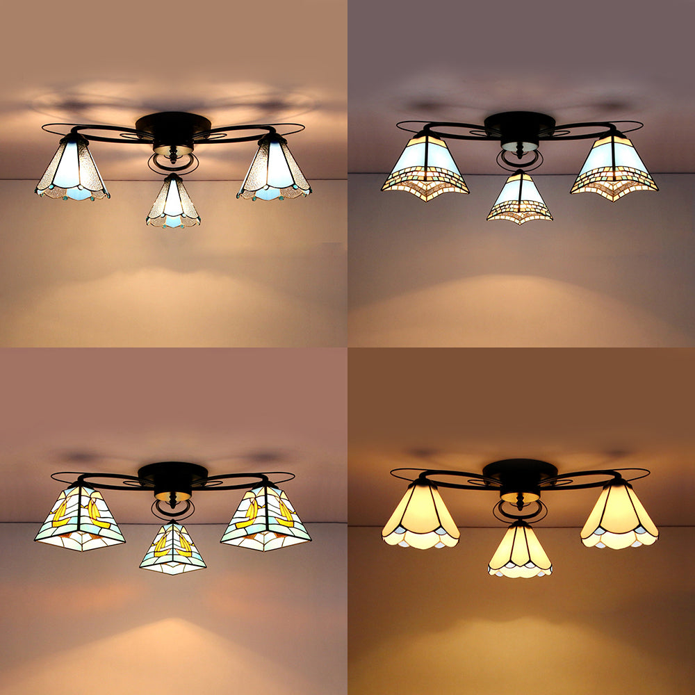 Geometric Flushmount Light Retro Style Stained Glass 3 Lights Flush Mount Ceiling Fixture in White/Sky Blue/Clear/Dark Blue for Bedroom Clearhalo 'Ceiling Lights' 'Close To Ceiling Lights' 'Close to ceiling' 'Glass shade' 'Glass' 'Semi-flushmount' 'Tiffany close to ceiling' 'Tiffany' Lighting' 92613