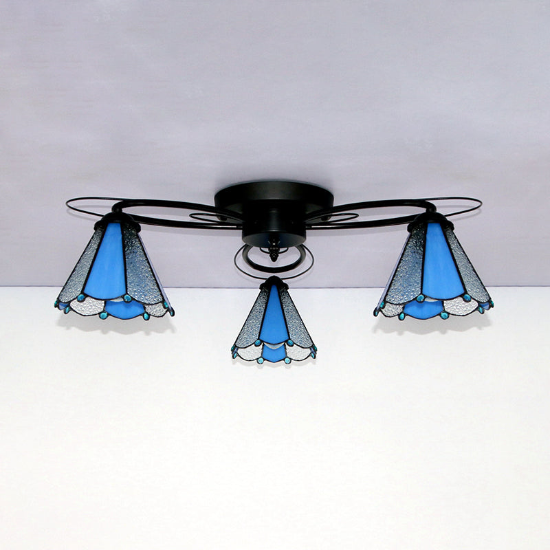Geometric Flushmount Light Retro Style Stained Glass 3 Lights Flush Mount Ceiling Fixture in White/Sky Blue/Clear/Dark Blue for Bedroom Clearhalo 'Ceiling Lights' 'Close To Ceiling Lights' 'Close to ceiling' 'Glass shade' 'Glass' 'Semi-flushmount' 'Tiffany close to ceiling' 'Tiffany' Lighting' 92615