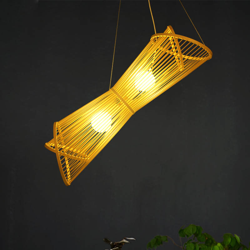 Bamboo Laser Cut Pendant Chandelier Asian Style 2 Heads Beige Suspension Lamp for Restaurant Beige Clearhalo 'Ceiling Lights' 'Chandeliers' Lighting' options 926391_98677ade-0092-4591-9d56-fb41325d1d80