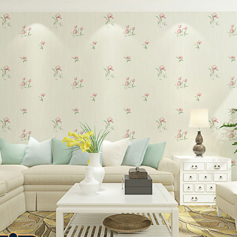 Non-Woven Wall Decor Countryside Non-Pasted Wallpaper with Tiny Blossom Design, 57.1 sq ft. White-Pink Clearhalo 'Country wall decor' 'Rustic' 'Wallpaper' Wall Decor' 926725