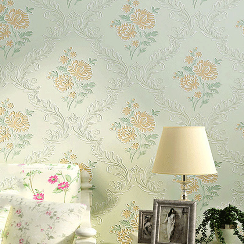 20.5" x 33' Wallpaper Roll Countryside 3D Print Dense Flower Pattern Non-Pasted Wall Covering in Soft Color Green Clearhalo 'Country wall decor' 'Rustic' 'Wallpaper' Wall Decor' 926909