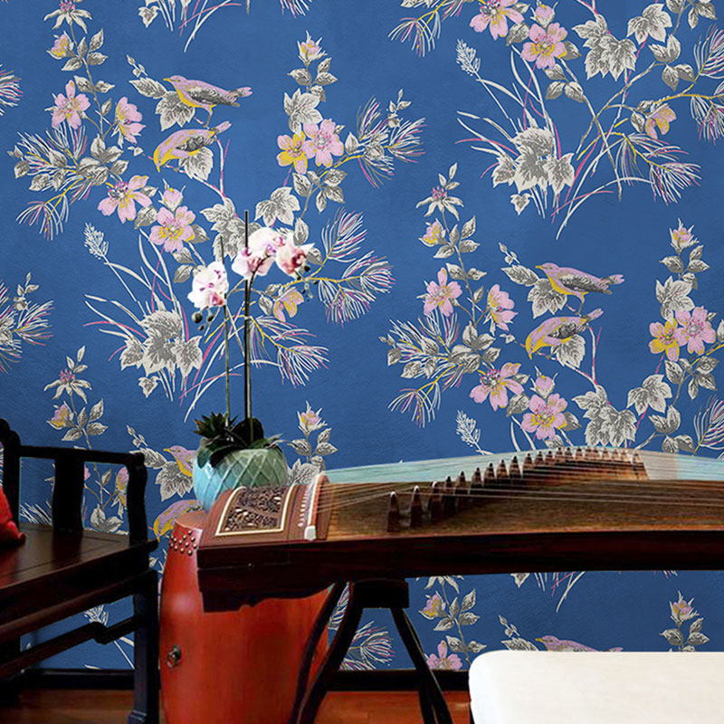 Non-Pasted Wallpaper Roll with Bird and Flower Design for Coffee Shop, 33'L x 20.5"W Ocean Blue Clearhalo 'Country wall decor' 'Rustic' 'Wallpaper' Wall Decor' 927079