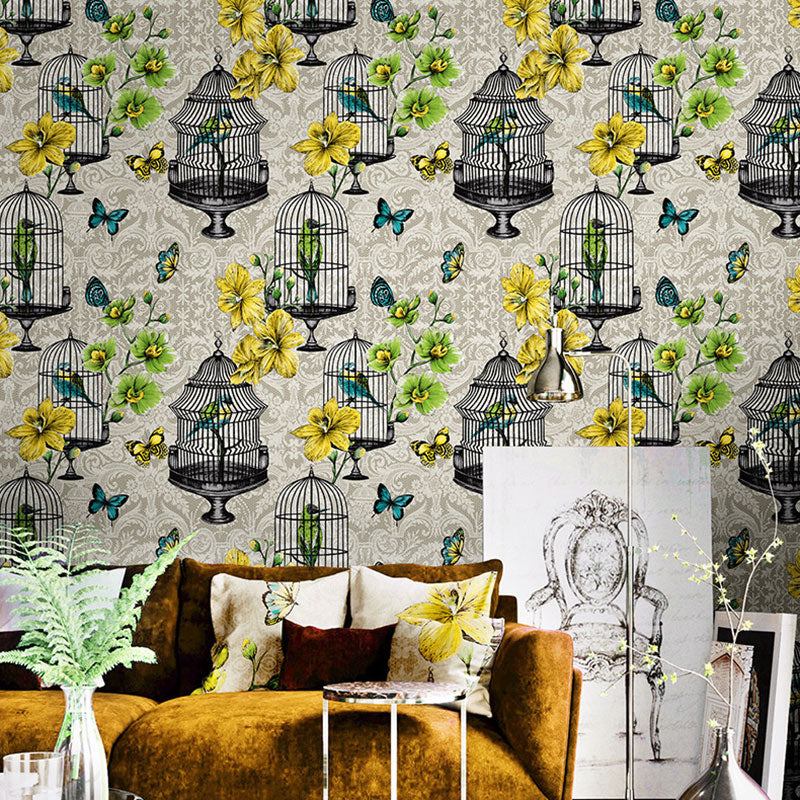 Multicolored Vintage Wall Decor Bird Cage and Flower Wallpaper, Non-Pasted Yellow Clearhalo 'Country wall decor' 'Rustic' 'Wallpaper' Wall Decor' 927091