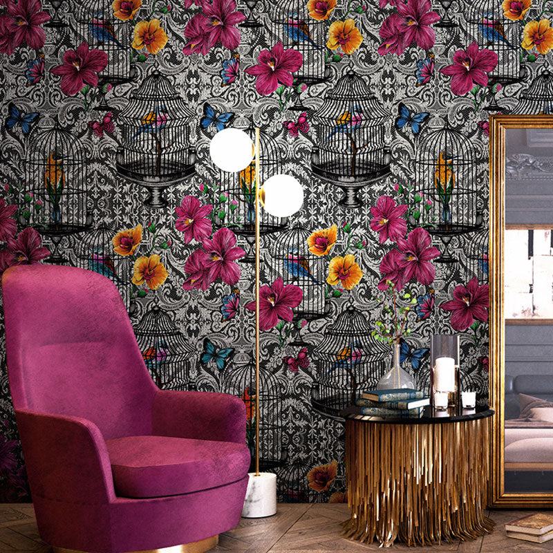 Multicolored Vintage Wall Decor Bird Cage and Flower Wallpaper, Non-Pasted Red Clearhalo 'Country wall decor' 'Rustic' 'Wallpaper' Wall Decor' 927094