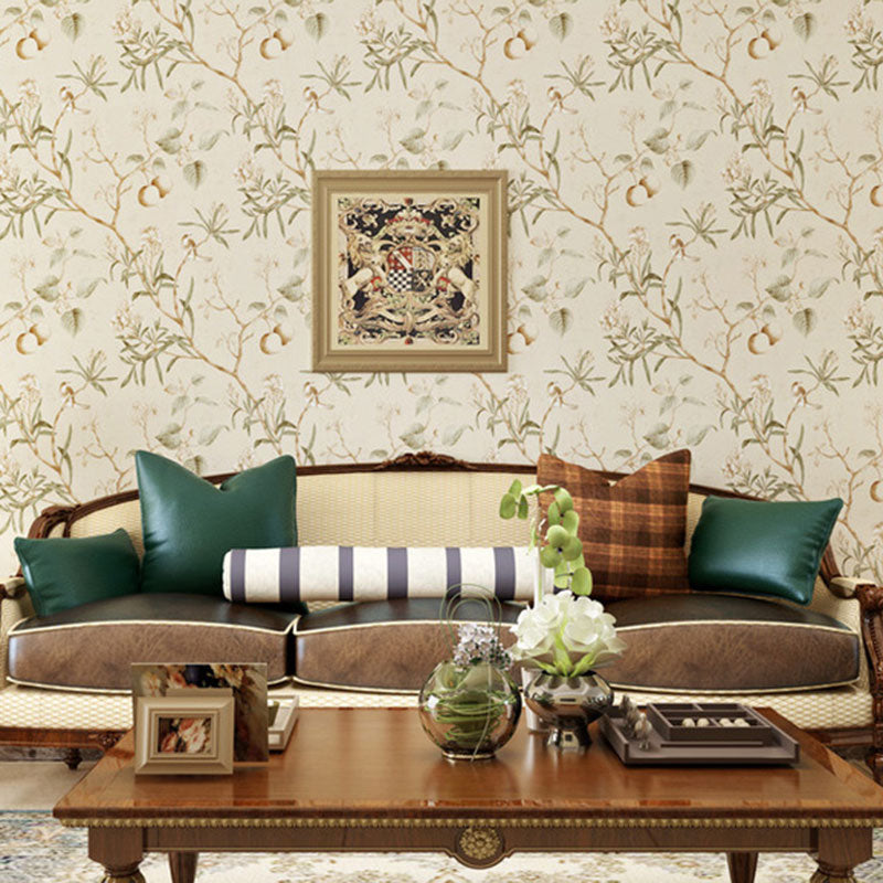 Plaster Wallpaper Roll with Beige and Green Apple Tree Design, 33'L x 20.5"W Clearhalo 'Country wall decor' 'Rustic' 'Wallpaper' Wall Decor' 927391