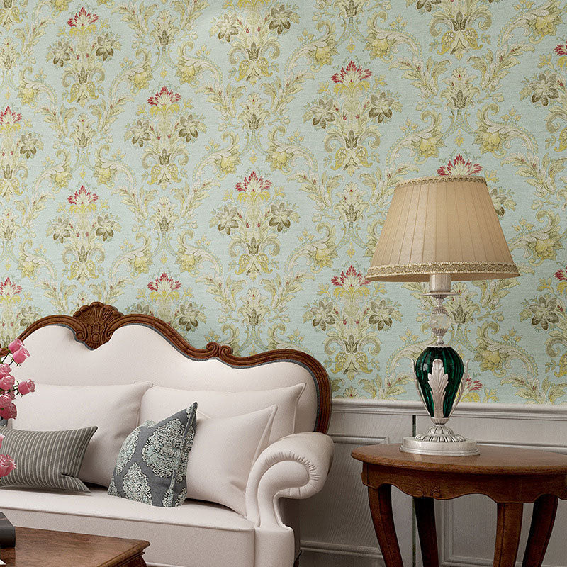 Pastel Green Non-Woven Decorative Wallpaper Vintage Flower Wall Covering, 33 ft. x 20.5 in Clearhalo 'Country wall decor' 'Rustic' 'Wallpaper' Wall Decor' 927402