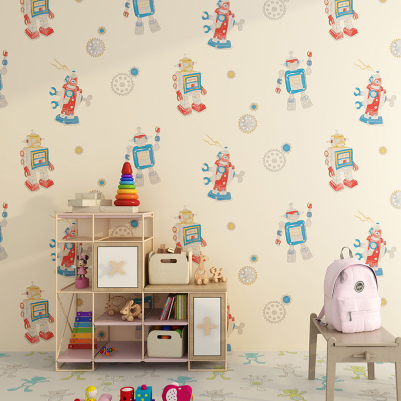Robot and Astronaut Non-Pasted Wallpaper Roll for Children's Bedroom, 57.1 sq ft., Pastel Color Beige Clearhalo 'Wall Decor' 'Wallpaper' 929101