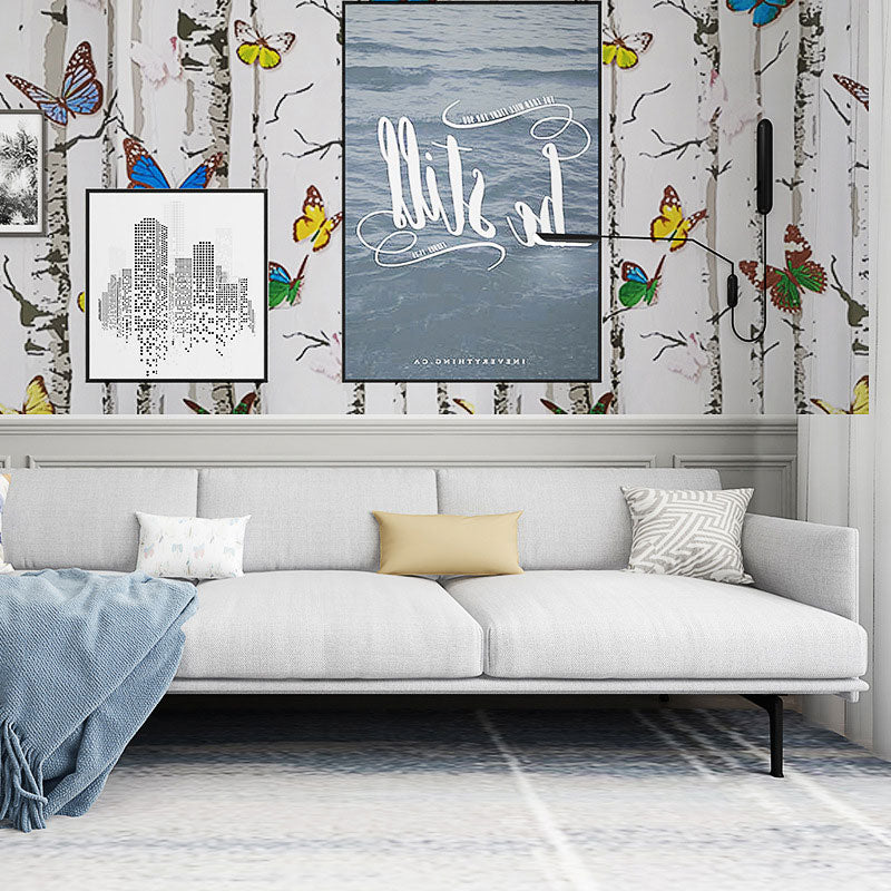 Plaster Removable Wallpaper Roll with Multicolored Butterfly and Birch Tree Design for Children, 48.4 sq ft. Blue-Yellow-Green Clearhalo 'Wall Decor' 'Wallpaper' 929114