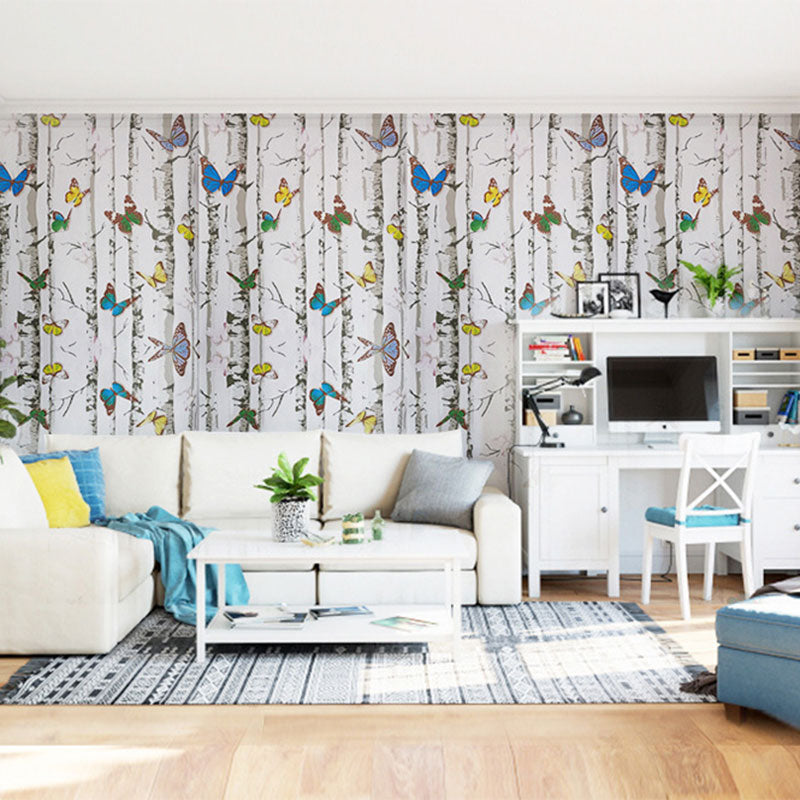 Plaster Removable Wallpaper Roll with Multicolored Butterfly and Birch Tree Design for Children, 48.4 sq ft. Clearhalo 'Wall Decor' 'Wallpaper' 929115
