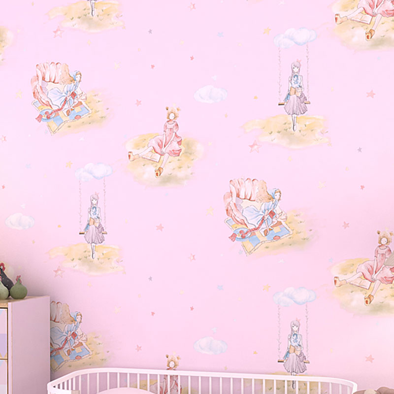 Non-Woven Wall Decor Non-Pasted Cartoon Wallpaper Roll for Girl's Bedroom Pink Clearhalo 'Wall Decor' 'Wallpaper' 929209