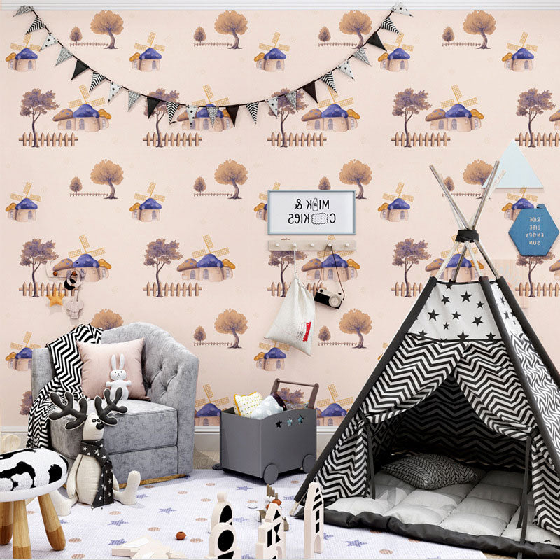 Non-Pasted 20.5" x 33' Wallpaper Simple Cartoon Mushroom Wall Covering for Boy or Girl Beige Clearhalo 'Wall Decor' 'Wallpaper' 929314