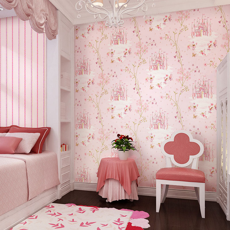 Castle and Flower Non-Pasted Wallpaper Roll, 33-foot x 20.5-inch, Pastel Color Clearhalo 'Wall Decor' 'Wallpaper' 929326