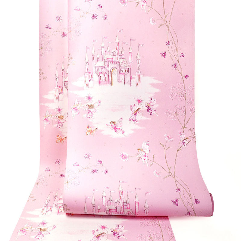 Castle and Flower Non-Pasted Wallpaper Roll, 33-foot x 20.5-inch, Pastel Color Clearhalo 'Wall Decor' 'Wallpaper' 929327