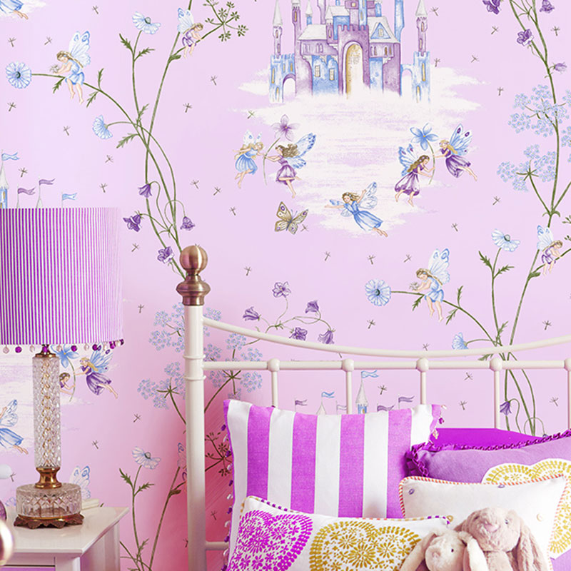 Castle and Flower Non-Pasted Wallpaper Roll, 33-foot x 20.5-inch, Pastel Color Purple Clearhalo 'Wall Decor' 'Wallpaper' 929329