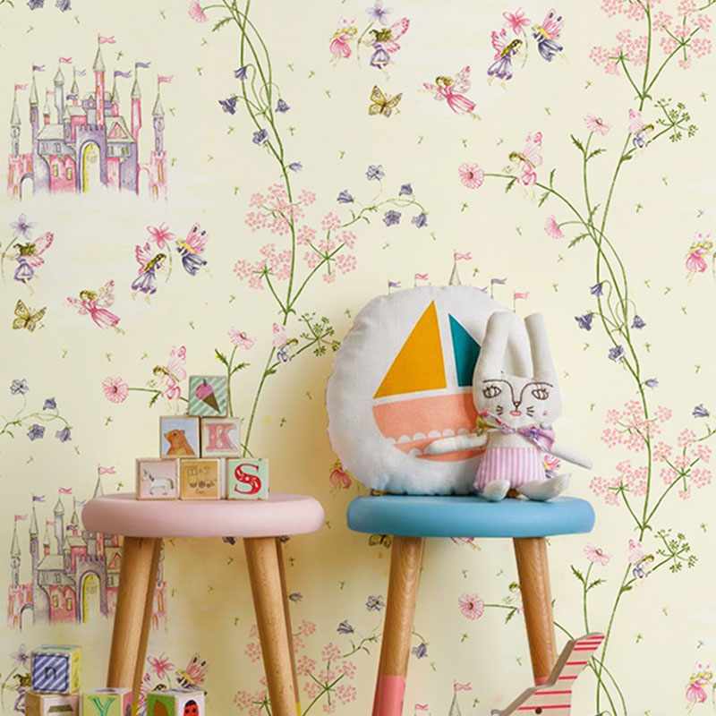 Castle and Flower Non-Pasted Wallpaper Roll, 33-foot x 20.5-inch, Pastel Color Yellow Clearhalo 'Wall Decor' 'Wallpaper' 929335