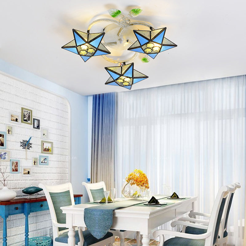 3 Heads Star Semi Flush Light Modernism Tiffany Stained Glass Ceiling Light Fixture in Yellow/Orange/Blue/Clear/Multi-Color Clearhalo 'Ceiling Lights' 'Close To Ceiling Lights' 'Close to ceiling' 'Glass shade' 'Glass' 'Island Lights' 'Semi-flushmount' 'Tiffany close to ceiling' 'Tiffany' Lighting' 93009