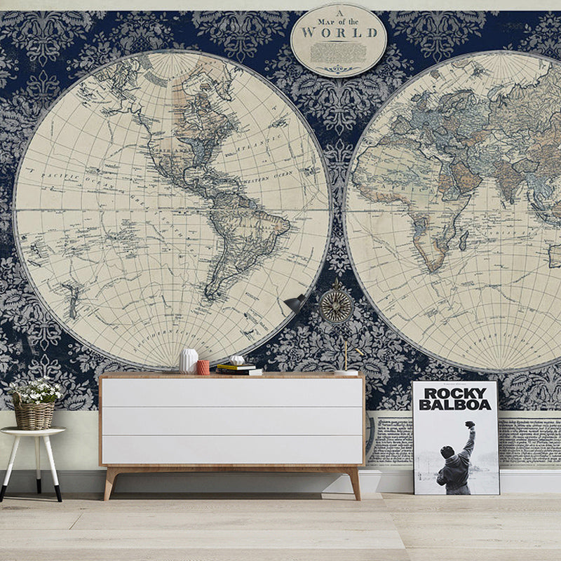 Full World Map Wall Art Nostalgic Novelty Mural Wallpaper in Light Color, Custom-Made Blue-Gray Clearhalo 'Wall Decor' 'Wall Mural' 931012