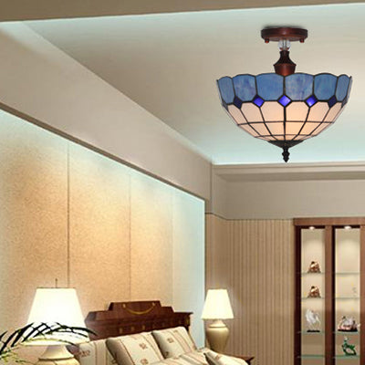 12"/16" W Bowl Semi Flushmount Victorian Tiffany Stained Glass Semi Flush Light in Blue/Blue-White/Green-Yellow for Living Room Clearhalo 'Ceiling Lights' 'Chandeliers' 'Close To Ceiling Lights' 'Close to ceiling' 'Glass shade' 'Glass' 'Pendant Lights' 'Semi-flushmount' 'Tiffany close to ceiling' 'Tiffany' Lighting' 93139