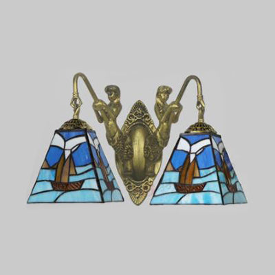 Sailboat Wall Mounted Light 2 Heads Blue Glass Mediterranean Sconce Light Fixture Clearhalo 'Industrial' 'Middle century wall lights' 'Tiffany wall lights' 'Tiffany' 'Wall Lamps & Sconces' 'Wall Lights' Lighting' 93217