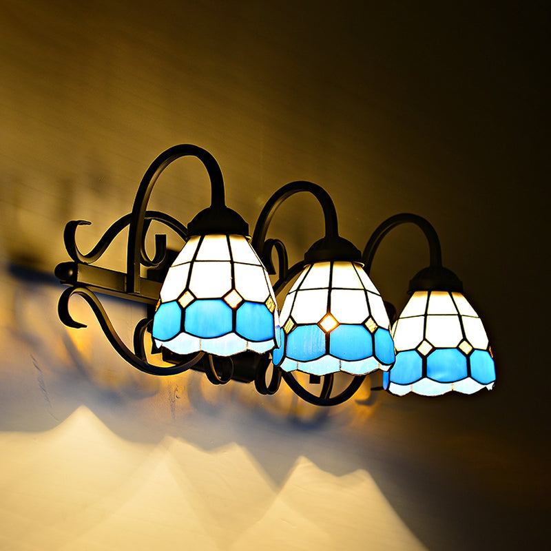 Mediterranean Dome Wall Sconce Light Stained Glass 3 Heads Wall Lighting in Black Finish for Bathroom Clearhalo 'Industrial' 'Middle century wall lights' 'Tiffany wall lights' 'Tiffany' 'Wall Lamps & Sconces' 'Wall Lights' Lighting' 93637