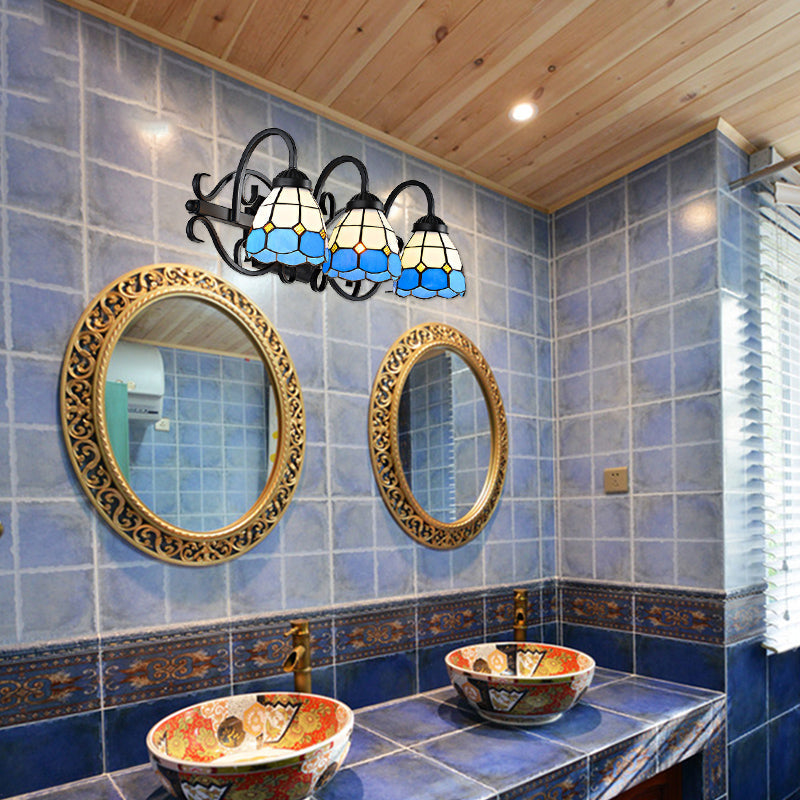 Mediterranean Dome Wall Sconce Light Stained Glass 3 Heads Wall Lighting in Black Finish for Bathroom Blue Clearhalo 'Industrial' 'Middle century wall lights' 'Tiffany wall lights' 'Tiffany' 'Wall Lamps & Sconces' 'Wall Lights' Lighting' 93639