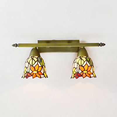 Lodge Style Dome Sconce Lighting with Sunflower/Grape/Yellow Flower/Morning Glory Stained Glass 2 Lights Bathroom Vanity Light in Brass Brass Yellow Flower Clearhalo 'Industrial' 'Middle century wall lights' 'Tiffany wall lights' 'Tiffany' 'Wall Lamps & Sconces' 'Wall Lights' Lighting' 93649