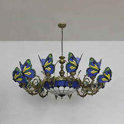 Butterfly Indoor Pendant Light Stained Glass Tiffany Chandelier Lamp in Dark Blue/Sky Blue/Beige/Blue for Hallway Clearhalo 'Ceiling Lights' 'Chandeliers' 'Close To Ceiling Lights' 'Industrial' 'Middle Century Chandeliers' 'Tiffany Chandeliers' 'Tiffany close to ceiling' 'Tiffany' Lighting' 95488