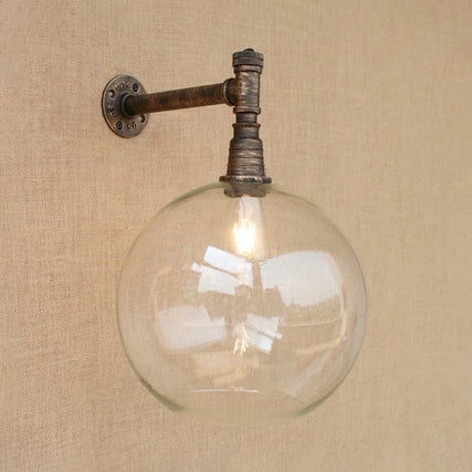 Wrought Iron Bronze Wall Light Fixture Pipe 1 Head Antique Style Wall Mount Light with Global Glass Shade, 8"/12" Wide Clearhalo 'Cast Iron' 'Glass' 'Industrial wall lights' 'Industrial' 'Middle century wall lights' 'Modern' 'Tiffany' 'Traditional wall lights' 'Wall Lamps & Sconces' 'Wall Lights' Lighting' 9577