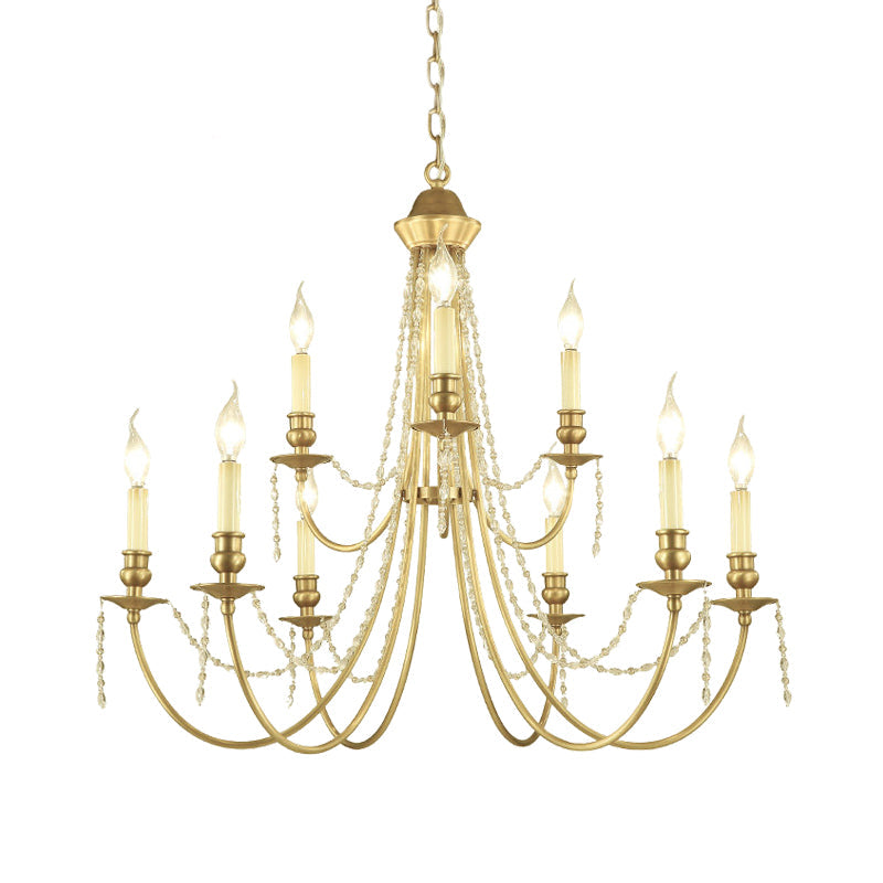 Candlestick Hanging Light Kit Countryside Crystal Swag 9 Lights Gold Finish Chandelier Lamp Fixture with Curved Arm Clearhalo 'Ceiling Lights' 'Chandeliers' Lighting' options 959672