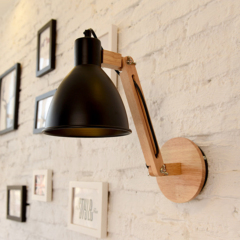 Iron Domed Wall Mounted Lamp Modern 1 Head White/Black Finish Wall Light with Wooden Swing Arm Black Clearhalo 'Modern wall lights' 'Modern' 'Wall Lamps & Sconces' 'Wall Lights' Lighting' 960001