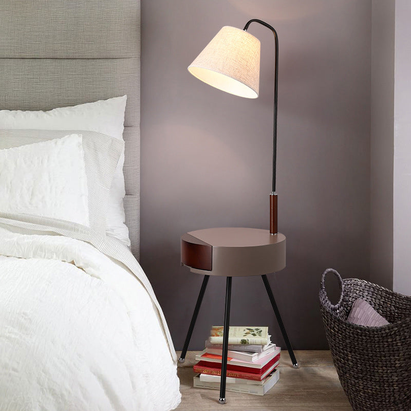 Tripod Table Floor Lighting Modern Metallic Single Head Black/Grey/White and Wood Stand Lamp with Fabric Shade Grey Clearhalo 'Floor Lamps' 'Lamps' Lighting' 960078