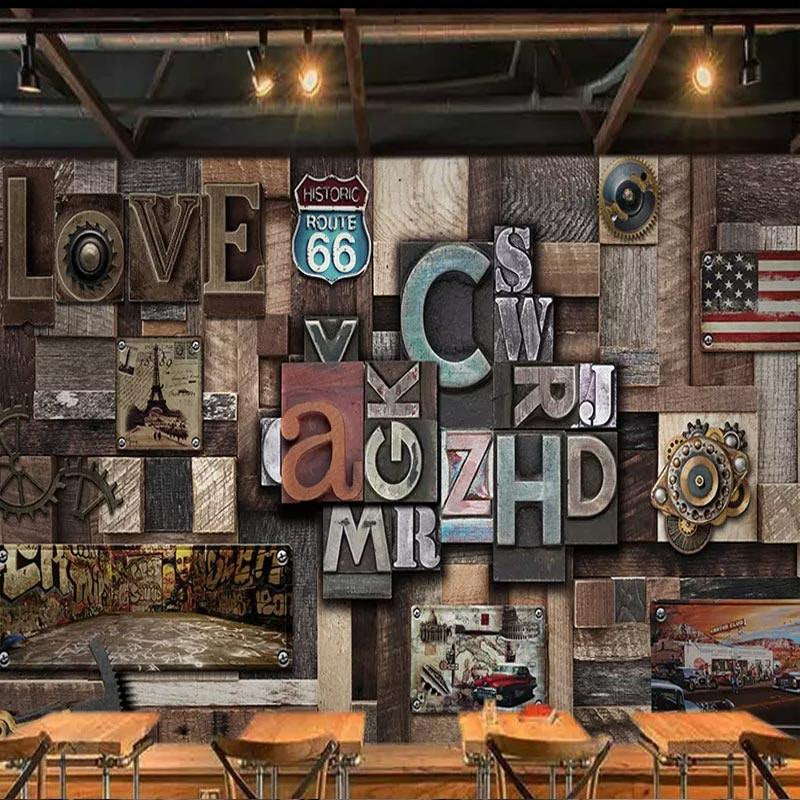 Extra Large Faux Wood Mural Steampunk Novelty Wall Covering in Dark Brown, Custom Size Available Black-Brown Clearhalo 'Wall Decor' 'Wall Mural' 961446