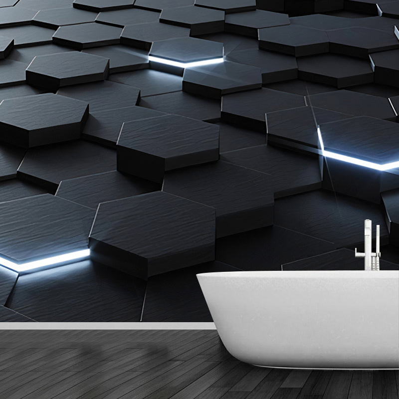 Whole Photo Style Mural Wallpaper with 3D Effect Hexagon in Dark Color for Living Room, Made to Measure Clearhalo 'Wall Decor' 'Wall Mural' 961706
