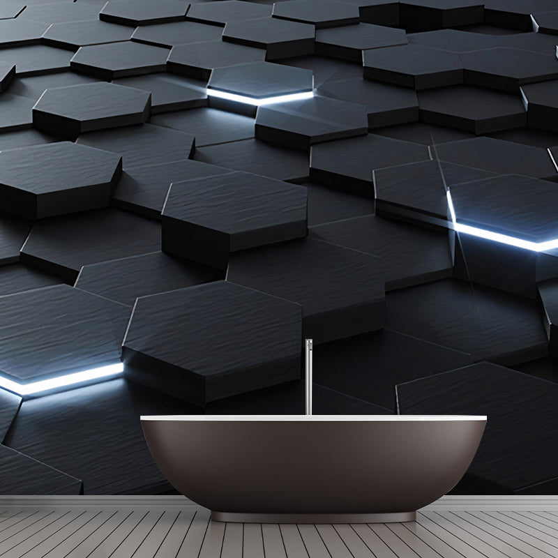 Whole Photo Style Mural Wallpaper with 3D Effect Hexagon in Dark Color for Living Room, Made to Measure Clearhalo 'Wall Decor' 'Wall Mural' 961707