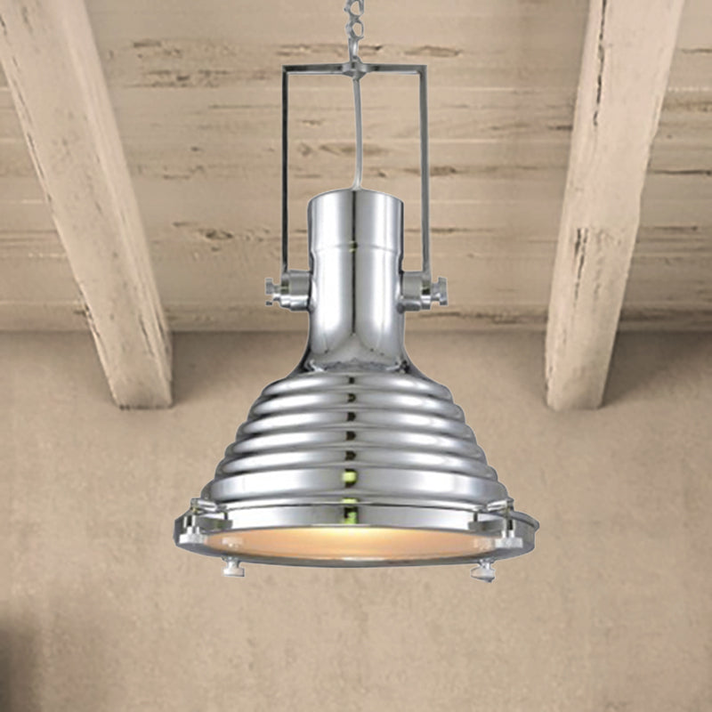 Bronze/Rust/Chrome Finish 1 Head Pendant Lamp Industrial Metallic cone Hanging Ceiling Light, 14"/16" Width Chrome 16" Clearhalo 'Art Deco Pendants' 'Cast Iron' 'Ceiling Lights' 'Ceramic' 'Crystal' 'Industrial Pendants' 'Industrial' 'Metal' 'Middle Century Pendants' 'Pendant Lights' 'Pendants' 'Tiffany' Lighting' 962112