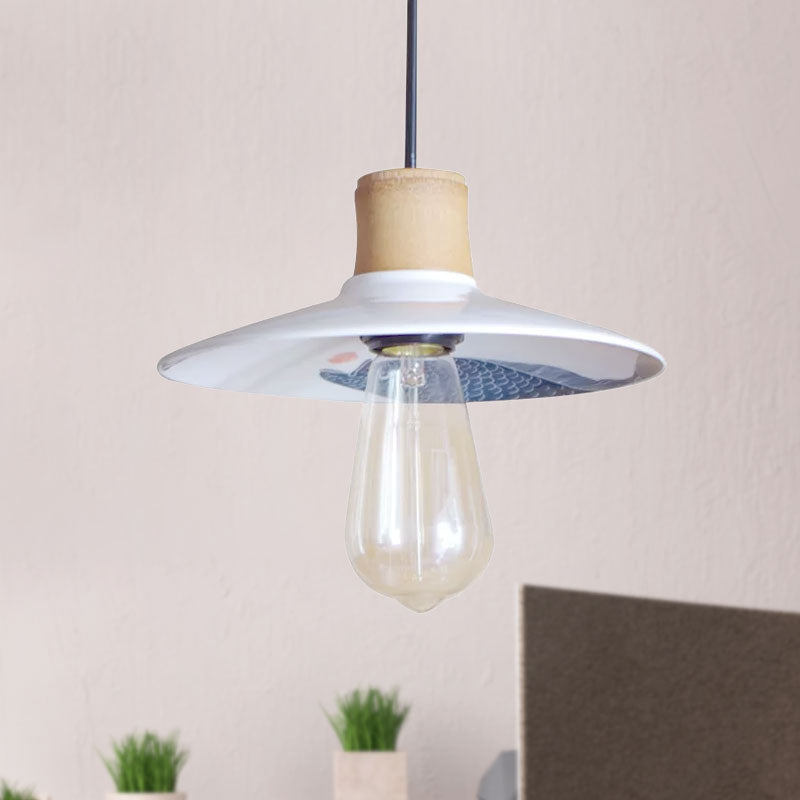 Ceramic and Wood White Pendant Lamp Saucer 1 Light Contemporary Style Hanging Light with Fish Pattern, 8.5"/10.5" W Clearhalo 'Art Deco Pendants' 'Cast Iron' 'Ceiling Lights' 'Ceramic' 'Crystal' 'Industrial Pendants' 'Industrial' 'Metal' 'Middle Century Pendants' 'Pendant Lights' 'Pendants' 'Tiffany' Lighting' 962163