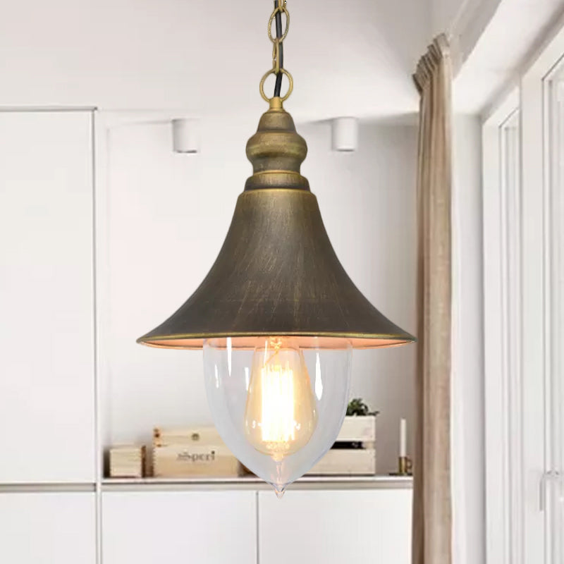 Black/Bronze/Gold Flared Hanging Light Country Style 1 Light Pendant Lighting with Clear Plastic Shade Clearhalo 'Art Deco Pendants' 'Black' 'Cast Iron' 'Ceiling Lights' 'Ceramic' 'Crystal' 'Industrial Pendants' 'Industrial' 'Metal' 'Middle Century Pendants' 'Pendant Lights' 'Pendants' 'Rustic Pendants' 'Tiffany' Lighting' 962177