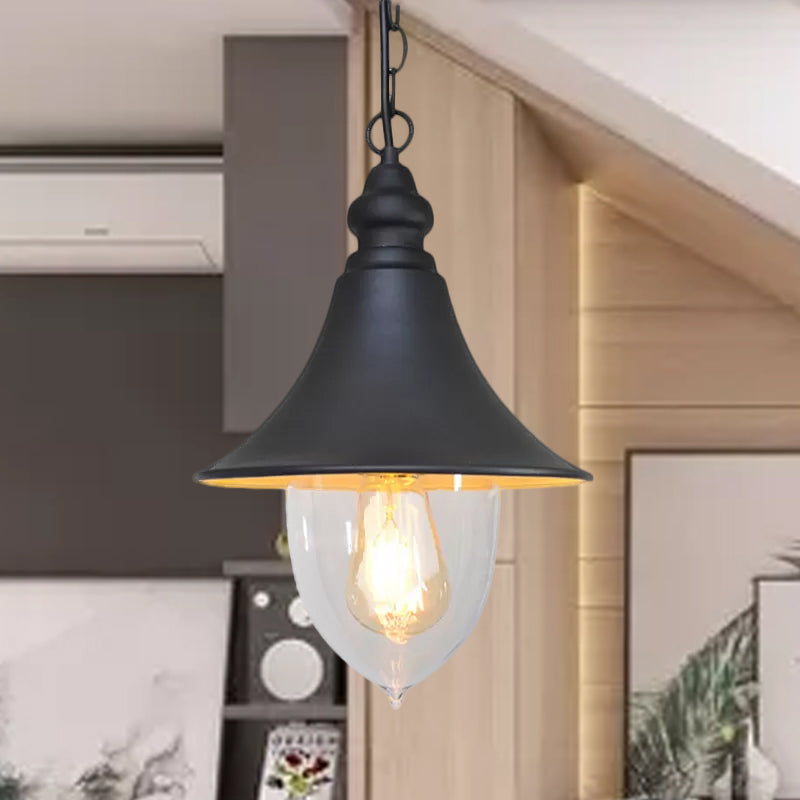 Black/Bronze/Gold Flared Hanging Light Country Style 1 Light Pendant Lighting with Clear Plastic Shade Clearhalo 'Art Deco Pendants' 'Black' 'Cast Iron' 'Ceiling Lights' 'Ceramic' 'Crystal' 'Industrial Pendants' 'Industrial' 'Metal' 'Middle Century Pendants' 'Pendant Lights' 'Pendants' 'Rustic Pendants' 'Tiffany' Lighting' 962178