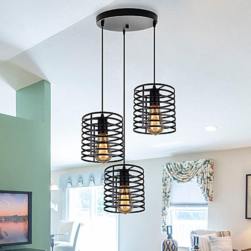 Cylindrical Metallic Hanging Light with Cage Shade Industrial 3 Bulbs Dining Room Suspended Lamp in Black Clearhalo 'Art Deco Pendants' 'Black' 'Cast Iron' 'Ceiling Lights' 'Ceramic' 'Crystal' 'Industrial Pendants' 'Industrial' 'Metal' 'Middle Century Pendants' 'Pendant Lights' 'Pendants' 'Rustic Pendants' 'Tiffany' Lighting' 962235